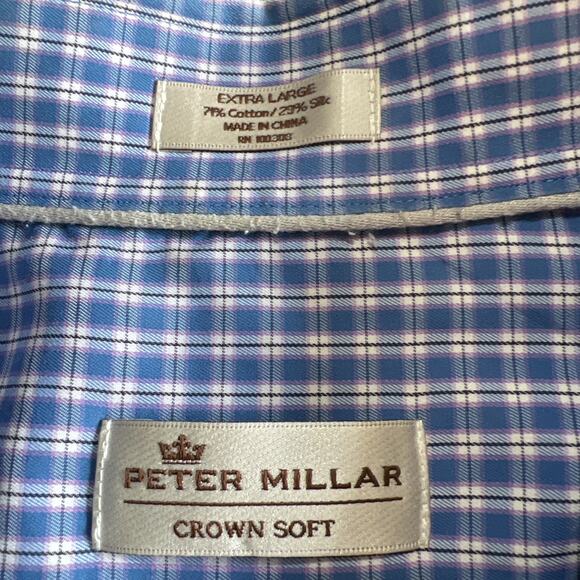 Peter Millar Shirt Mens XL Blue Check Crown Sport Button Down Silk Cotton - Picture 8 of 13